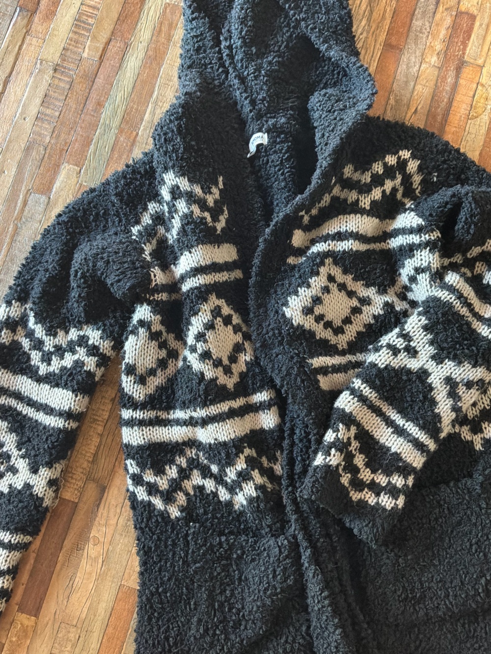 Cozy Hooded Open-Front Cardigan in Black and Cream